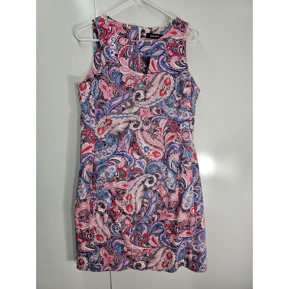 Nine West Dress Size 8 Sleeveless Pink Blue Paisley Print Pockets Cotton EUC